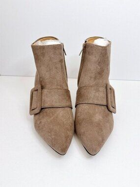 Size 8 Women’s Khaki Ankle Boots Pointed Toe Kitten Heel Booties Buckle Strap
